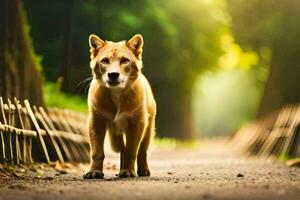 uma cachorro caminhando baixa uma estrada dentro a madeiras. gerado por IA foto