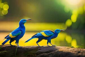 dois azul pássaros em pé em uma Rocha perto água. gerado por IA foto