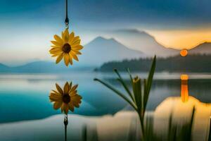 uma amarelo flor suspensão a partir de uma corda sobre uma lago. gerado por IA foto