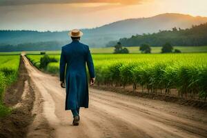 uma homem dentro uma azul terno anda em baixa uma sujeira estrada. gerado por IA foto