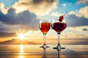 dois óculos do vinho com morangos em a mesa às pôr do sol. gerado por IA foto