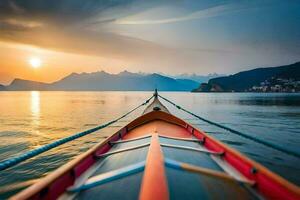 uma barco em a água às pôr do sol com montanhas dentro a fundo. gerado por IA foto