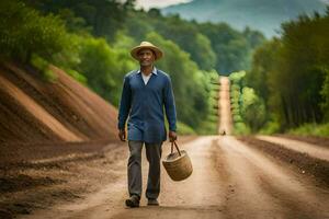 uma homem dentro uma Palha chapéu e azul camisa caminhando baixa uma sujeira estrada. gerado por IA foto