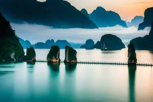 a nascer do sol sobre Halong baía, Vietnã. gerado por IA foto