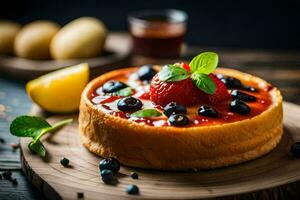 uma bolo de queijo com bagas e limão em uma de madeira borda. gerado por IA foto