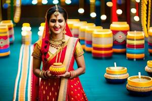 uma mulher dentro tradicional indiano vestuário segurando uma vela. gerado por IA foto