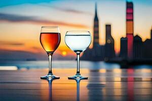 dois óculos do vinho em uma mesa com uma cidade Horizonte dentro a fundo. gerado por IA foto