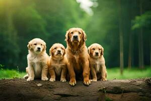 dourado retriever filhotes sentado em uma registro. gerado por IA foto