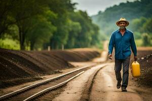 uma homem caminhando baixa uma Ferrovia rastrear com uma amarelo água pode. gerado por IA foto