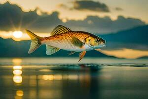 uma peixe é pulando Fora do a água às pôr do sol. gerado por IA foto