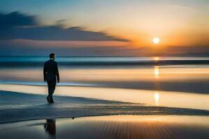 uma homem caminhando em a de praia às pôr do sol. gerado por IA foto