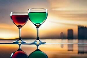 dois vinho óculos com colori líquido em a água. gerado por IA foto