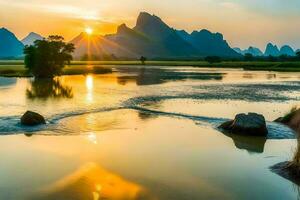 a Sol sobe sobre a montanhas dentro China. gerado por IA foto