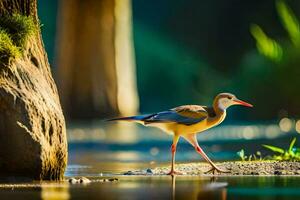uma pássaro caminhando ao longo a costa do uma rio. gerado por IA foto
