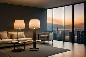 uma vivo quarto com dois lâmpadas e uma sofá. gerado por IA foto