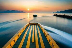 uma barco é viajando baixa a água às pôr do sol. gerado por IA foto