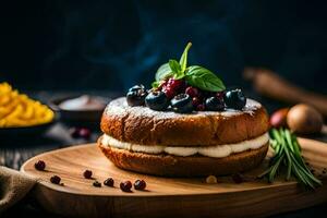 uma bolo com bagas e creme em uma de madeira borda. gerado por IA foto