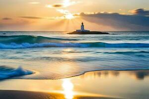 a Sol é configuração sobre a oceano e uma farol. gerado por IA foto