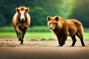 dois Castanho ursos estão caminhando dentro a sujeira. gerado por IA foto