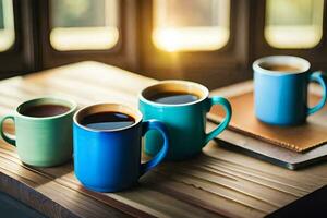 três café copos em uma de madeira mesa. gerado por IA foto