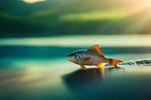 uma peixe é em pé em a costa do uma lago. gerado por IA foto