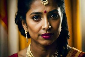 uma mulher dentro vermelho sari com ouro joia. gerado por IA foto