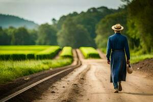 uma homem dentro uma azul vestir e chapéu caminhando baixa uma sujeira estrada. gerado por IA foto
