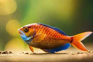 uma peixe com laranja e azul barbatanas em a chão. gerado por IA foto