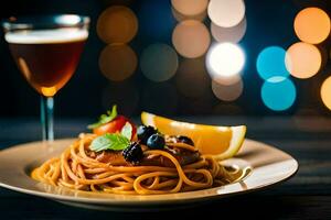 espaguete com tomate molho e amoras em uma placa. gerado por IA foto