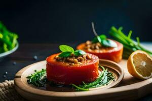 recheado tomates em uma de madeira placa. gerado por IA foto