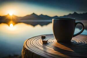 uma café copo senta em uma mesa dentro frente do uma lago com montanhas dentro a fundo. gerado por IA foto