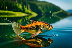 uma peixe é flutuando em a água dentro frente do uma montanha. gerado por IA foto