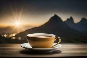 uma copo do café em uma de madeira mesa dentro frente do uma montanha visualizar. gerado por IA foto