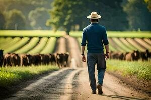 uma homem caminhando baixa uma sujeira estrada com vacas dentro a fundo. gerado por IA foto