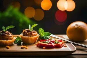 Comida em uma de madeira mesa com laranja luzes. gerado por IA foto