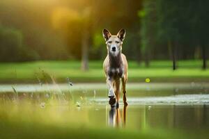 uma cachorro caminhando através uma lagoa às pôr do sol. gerado por IA foto