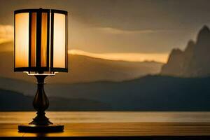 uma luminária em uma mesa dentro frente do uma lago. gerado por IA foto