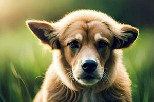 uma cachorro sentado dentro a Relva com a Sol brilhando. gerado por IA foto