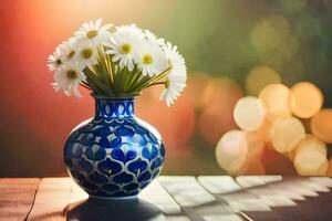 uma azul e branco vaso com margaridas em uma mesa. gerado por IA foto