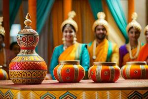 uma grupo do pessoas dentro tradicional indiano roupas sentado por aí uma mesa com colorida potes. gerado por IA foto