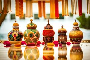 uma grupo do colorida vasos em uma mesa. gerado por IA foto