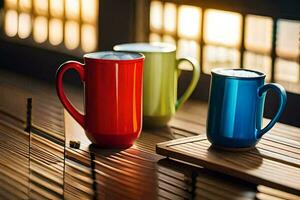 três colorida café canecas sentado em uma de madeira mesa. gerado por IA foto
