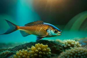 uma peixe natação dentro a oceano com coral. gerado por IA foto