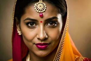uma lindo indiano mulher dentro tradicional roupas. gerado por IA foto