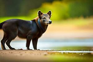 uma cachorro em pé em a costa do uma rio. gerado por IA foto