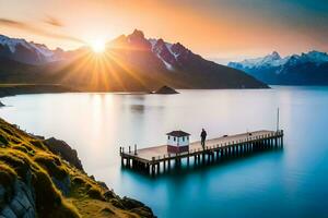 a Sol sobe sobre a montanhas e lago. gerado por IA foto