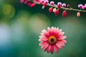 uma Rosa flor é em uma ramo com verde folhas. gerado por IA foto