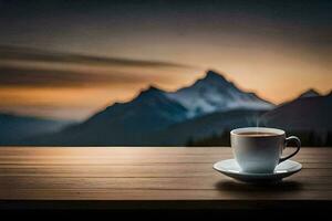 café copo em a mesa com montanhas dentro a fundo. gerado por IA foto