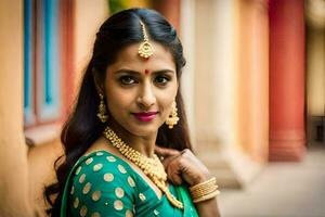 uma lindo indiano mulher dentro uma verde sári. gerado por IA foto
