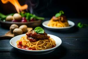 espaguete com almôndegas e cogumelos em uma de madeira mesa. gerado por IA foto
